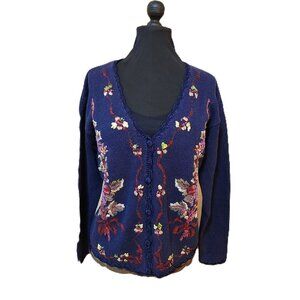 V-Neck Cardigan Blue Large Erika Petites Vintage Floral Embroidered Ribbons Etc.
